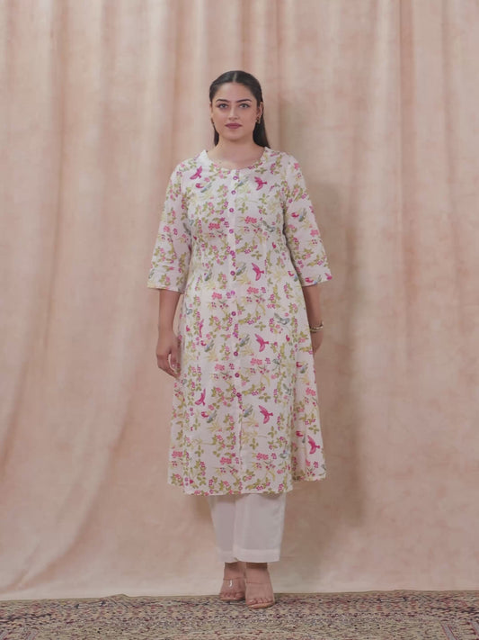 Soft Cotton Floral Flared Off White Kurta