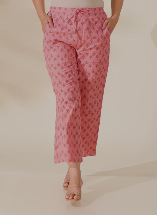 Soft Cotton Floral Pink Straight Trousers