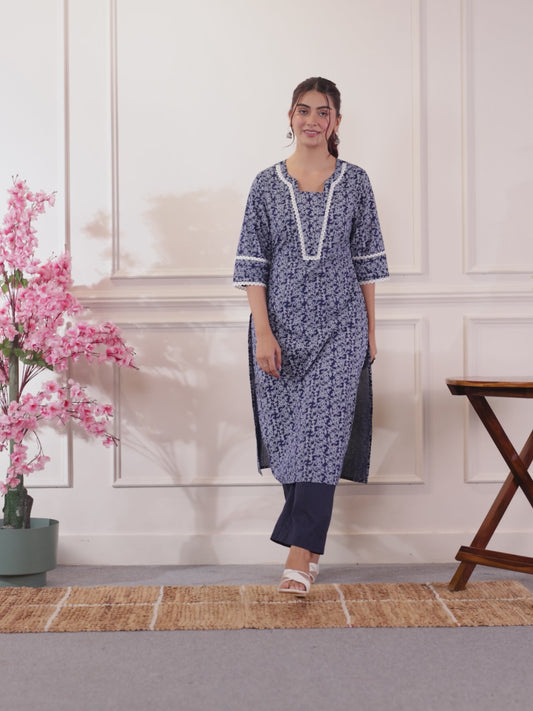 Soft Cotton Floral Blue Kurta