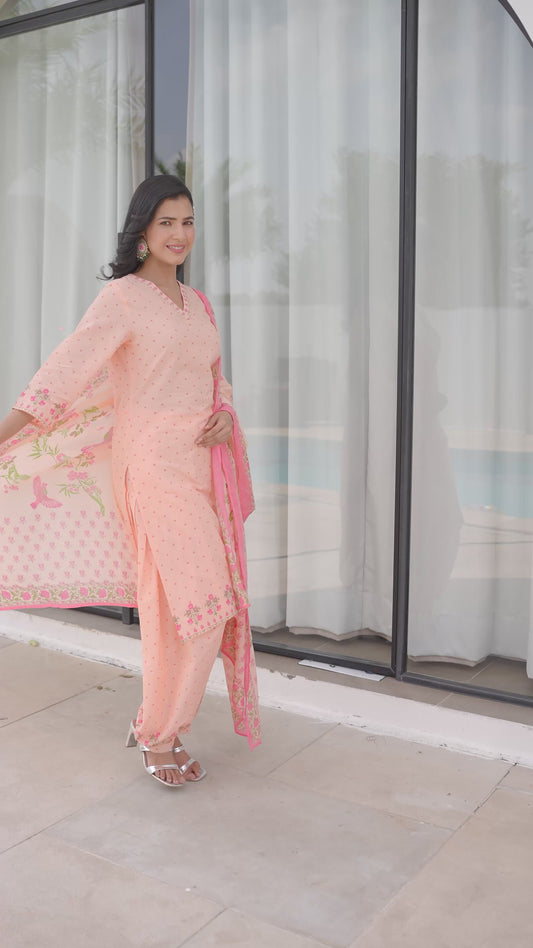 Soft Cotton Floral A-line Peach Kurta