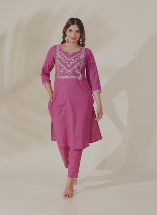 Linen Cotton Embroidered Solid Kurta