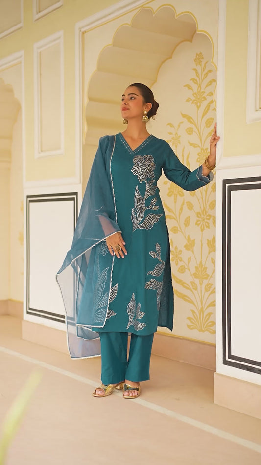 Embroidered Chanderi Placement Print Straight Teal Kurta