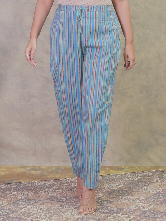 Soft Cotton Striped Green Tapered Trousers