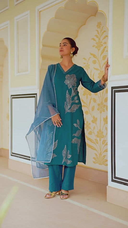 Embroidered Chanderi Placement Print Straight Teal Kurta