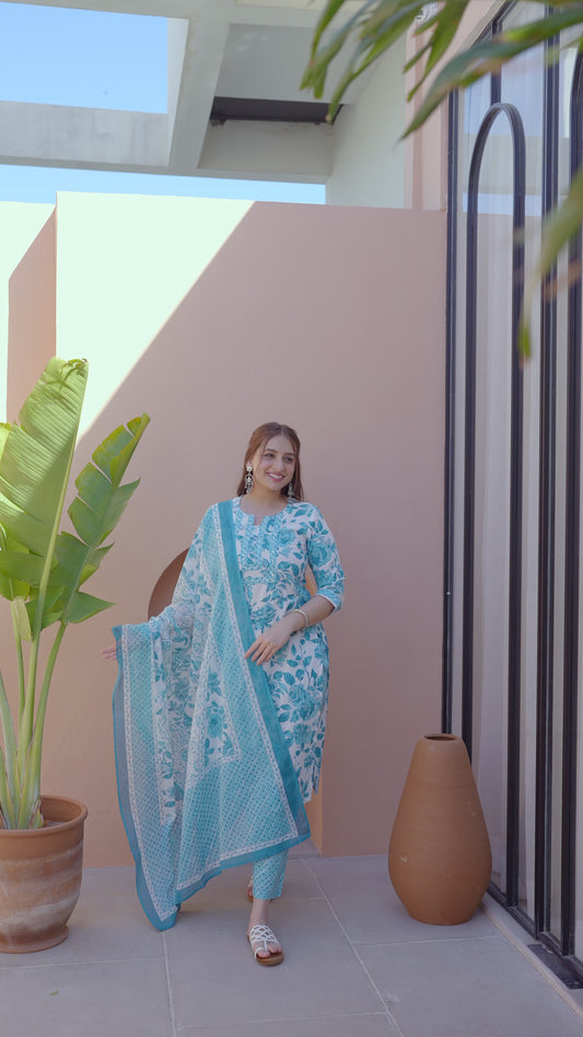 Embroidered Soft Cotton Floral Straight Blue Kurta