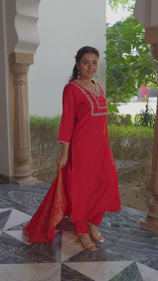 Embroidered Roman silk Solid Red Kurta