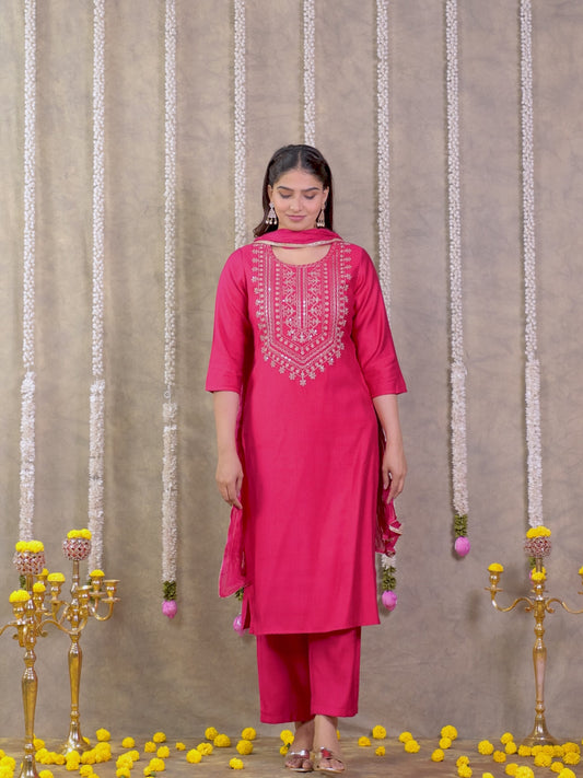 Embroidered Muslin Solid Straight Pink Kurta