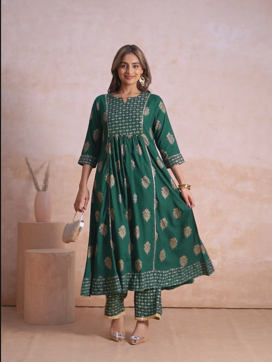 Viscose Block Print Flared Emerald Green Kurta