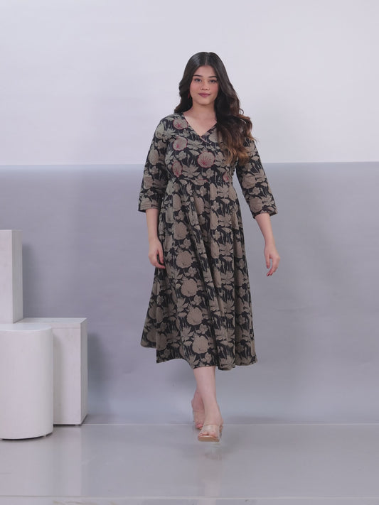 Embroidered Soft Cotton Floral Angrakha Black Dress