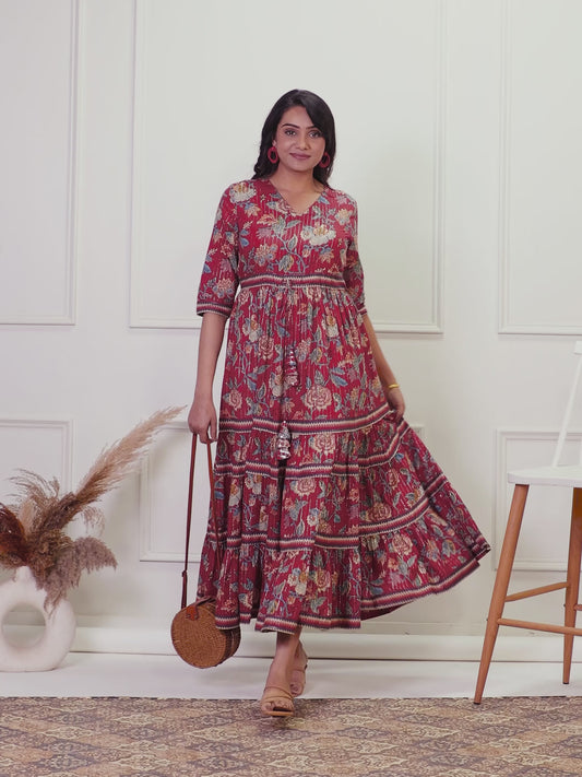 Embroidered Lurex Cotton Floral A-line Red Dress