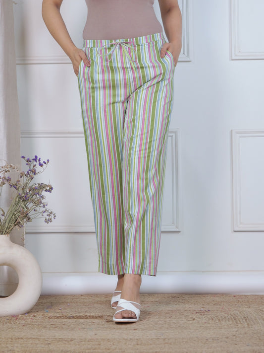 Soft Cotton Striped Green Straight Trousers