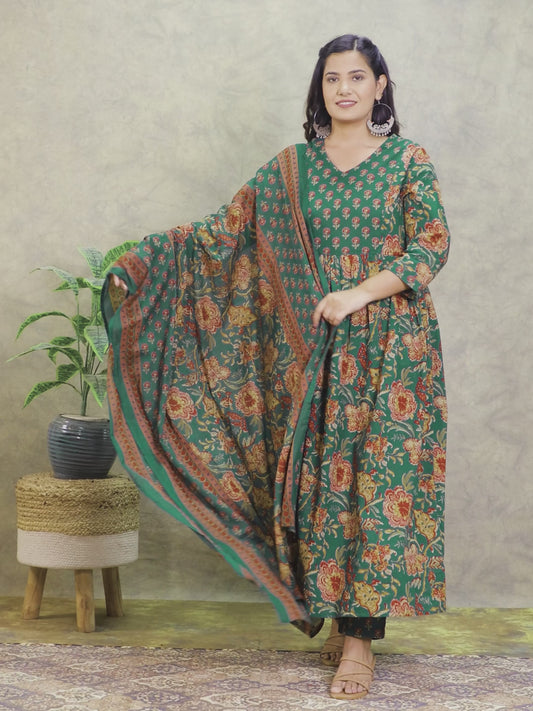 Soft Cotton Floral A-line Green Kurta