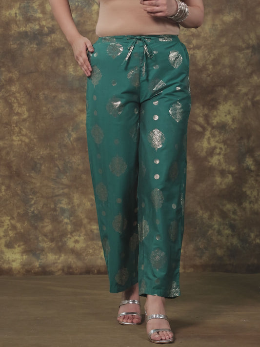 Roman Silk Gold foil Teal Straight Trousers