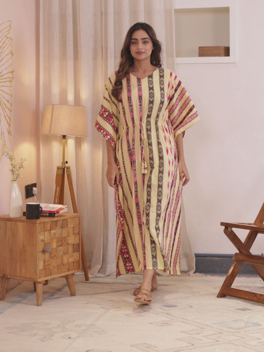 Soft Cotton Border print Kaftan Beige Nighty