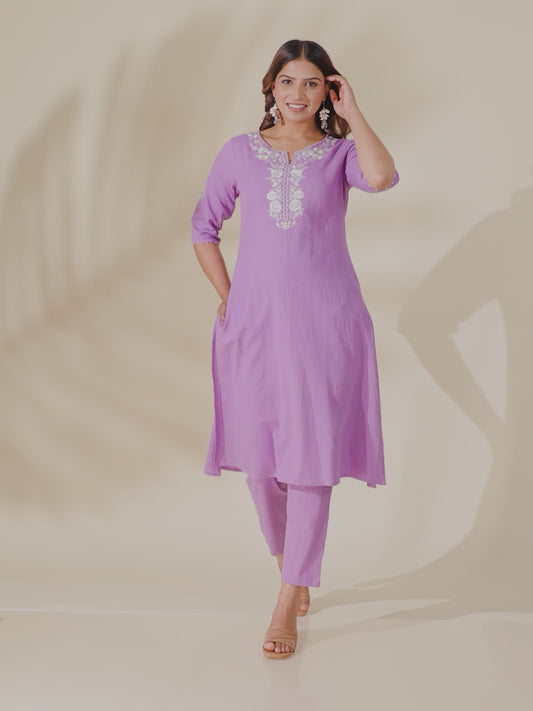 Embroidered Linen Cotton Solid A-line Purple Kurta