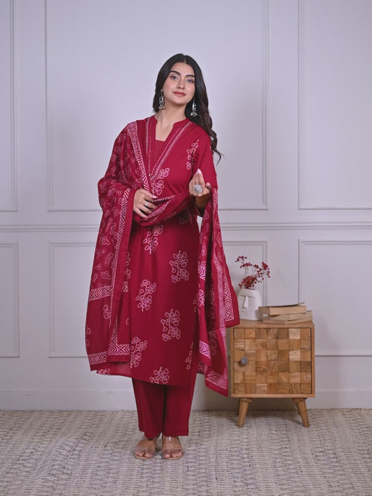Embroidered Soft Cotton Butta Straight Red Kurta