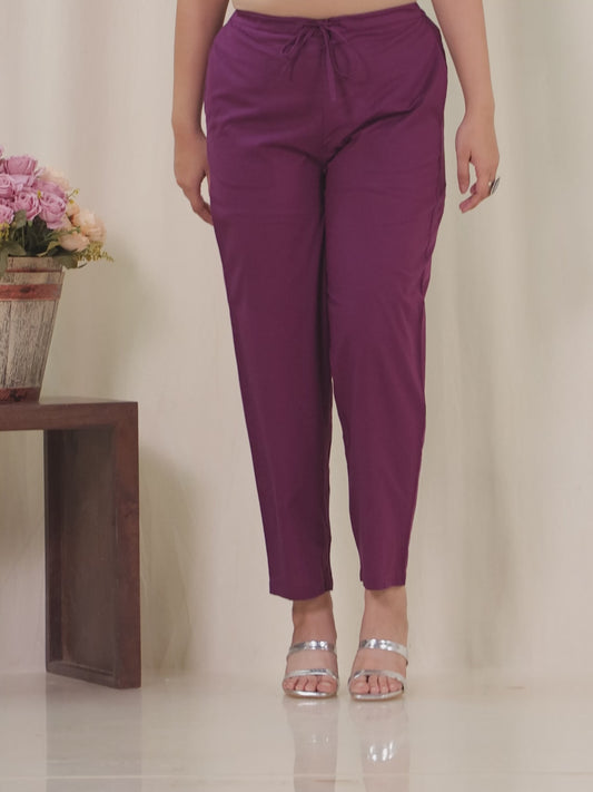 Soft Cotton Solid Purple Tapered Tapered Trousers