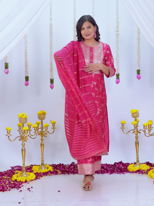 Vertigan Floral Straight Royal Pink Kurta