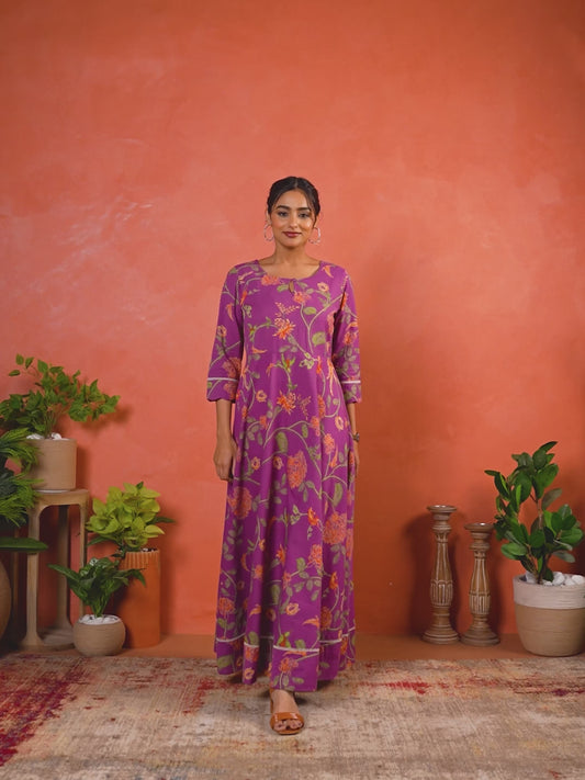 Linen Cotton Floral Anarkali Purple Dress