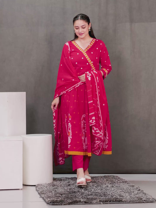 Embroidered Soft Cotton Geometric Angrakha Red Kurta