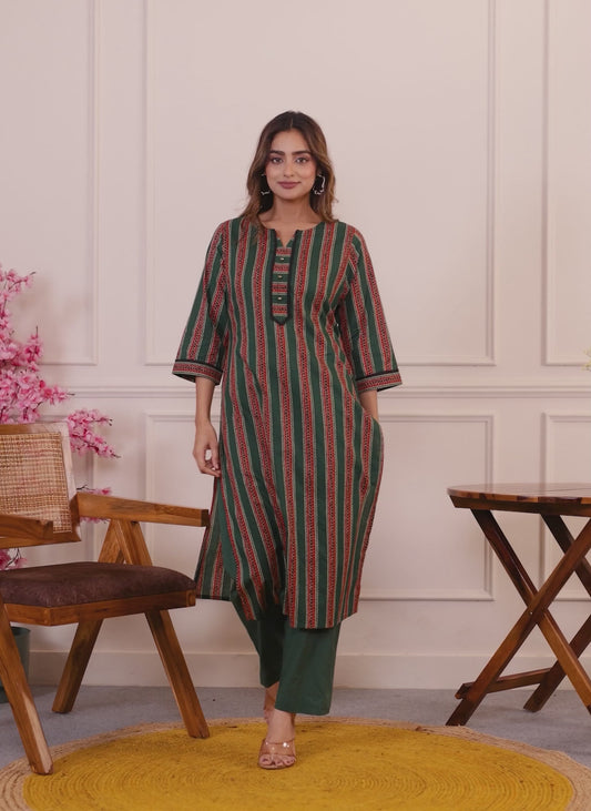 Soft Cotton Striped Straight Green Kurta