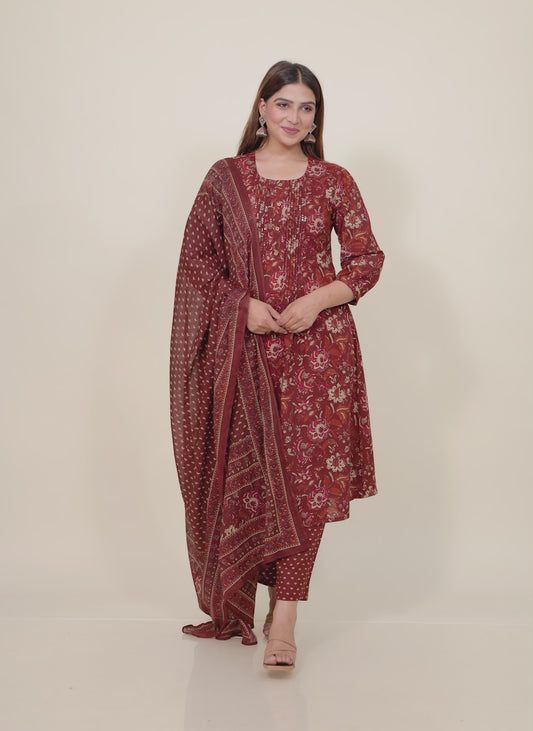 Soft Cotton Floral A-line Brown Kurta