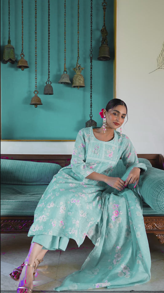 Chanderi Floral Straight Turquoise Kurta