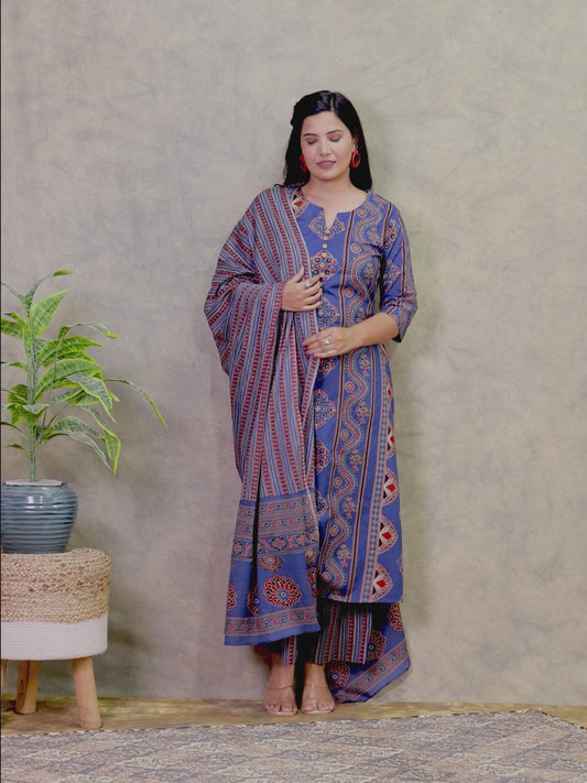Soft Cotton Geometric A-line Blue Kurta