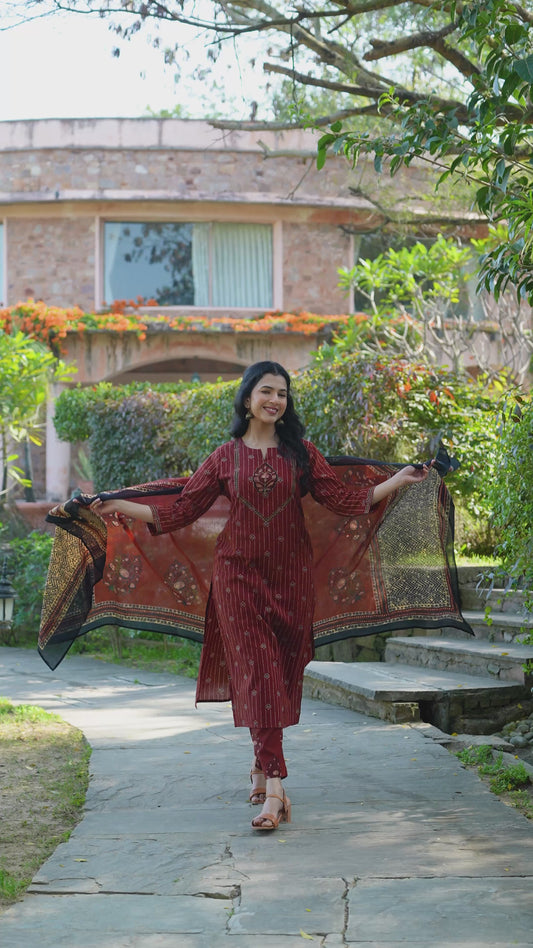 Embroidered Soft Cotton Floral Straight Rust Kurta