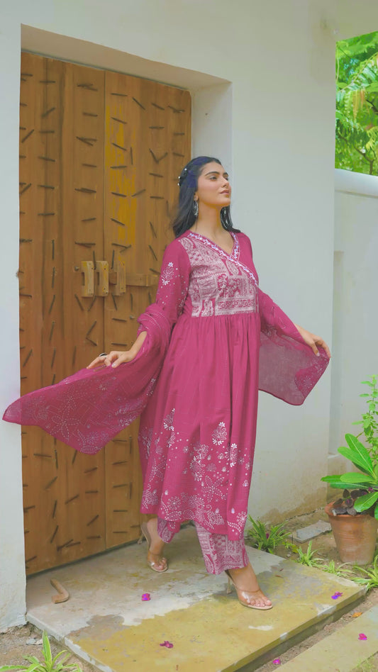 Embroidered Soft Cotton Placement Print Angrakha Purple Kurta