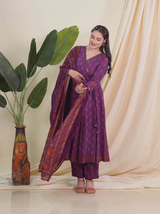 Embroidered Viscose Floral Angrakha Purple Kurta