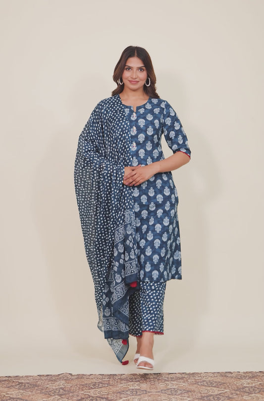 Embroidered Soft Cotton Block Print A-line Blue Kurta