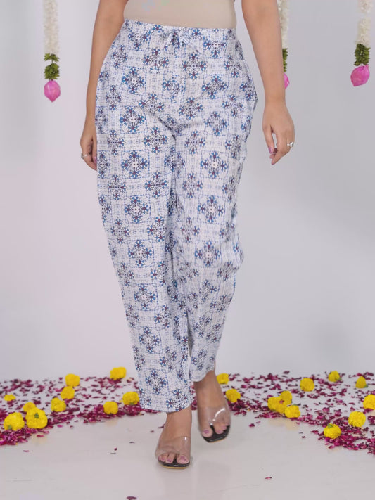 Soft Cotton Geometric White Tapered Trousers