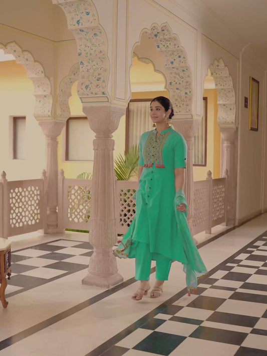 Embroidered Linen Cotton Solid High Low Mint Green Kurta