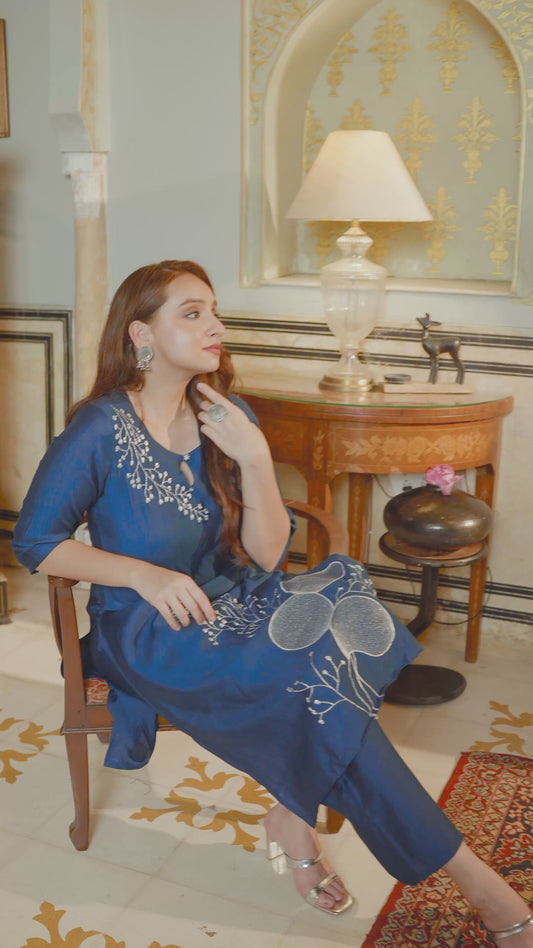 Embroidered Blended Silk Solid Straight Navy Blue Kurta