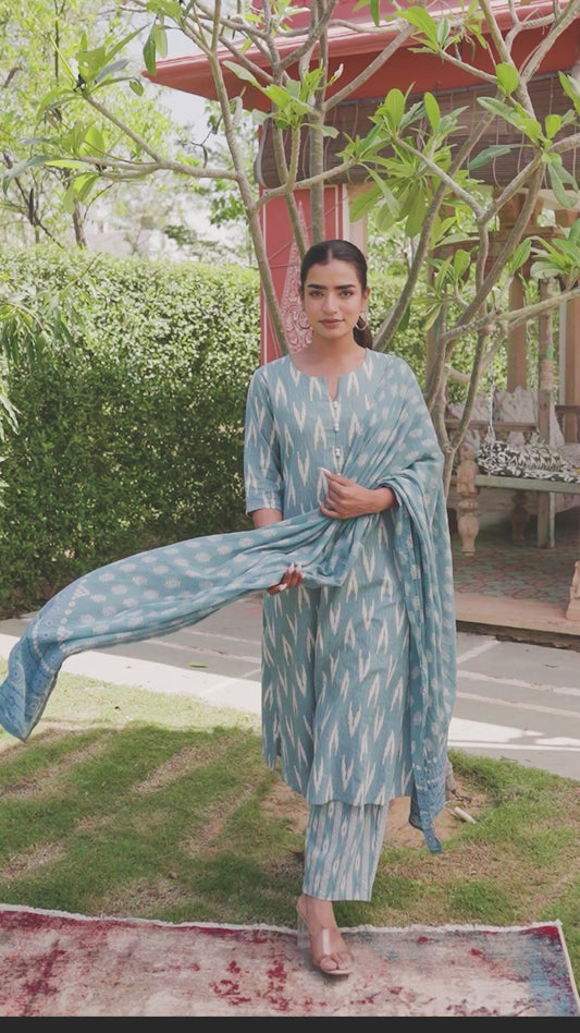 Kantha Cotton Ikat A-line Blue Kurta