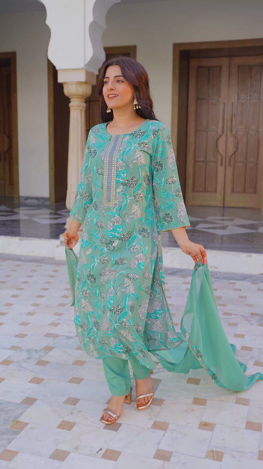 Embroidered Soft Cotton Floral Sage Green Kurta