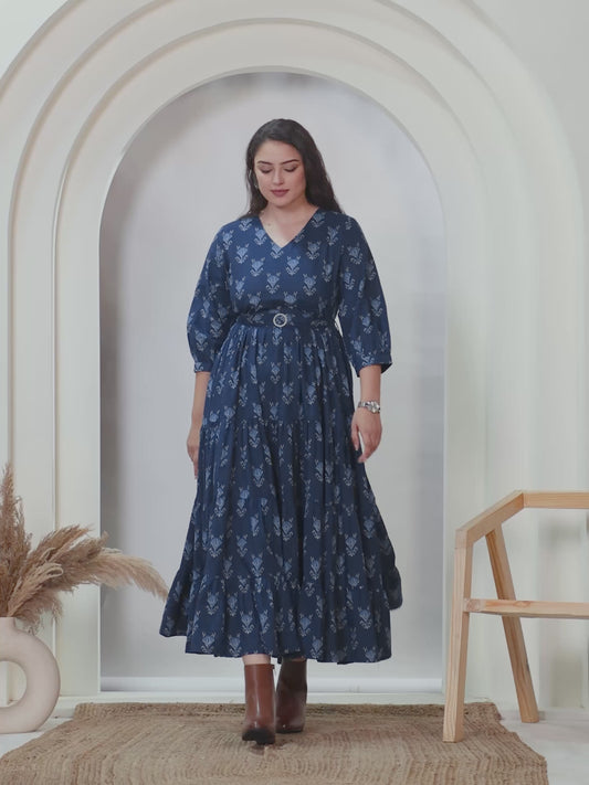 Soft Cotton Geometric Anarkali Blue Dress (With Belt)