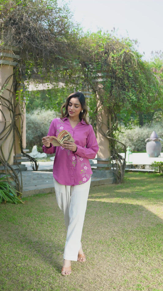 Embroidered Linen Cotton Solid Straight Purple Top