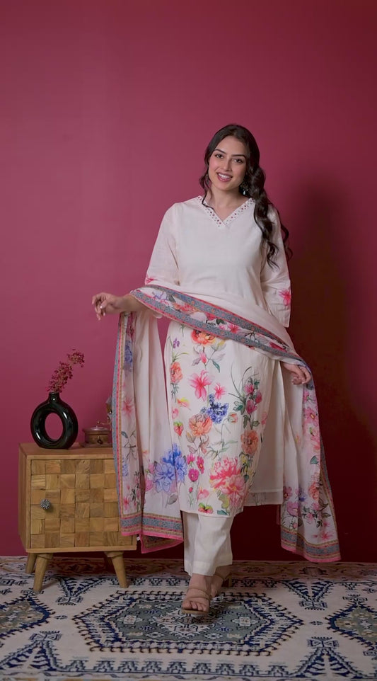 Embroidered Slub cotton Placement Print Straight Off White Kurta