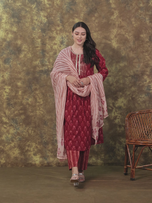 Embroidered Soft Cotton Ajrakh A-line Maroon Kurta