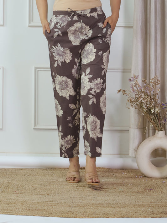 Soft Cotton Floral Brown Tapered Trousers