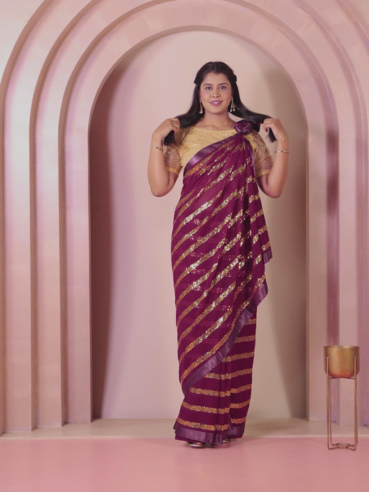Embroidered Sequins Georgette Solid Purple Saree