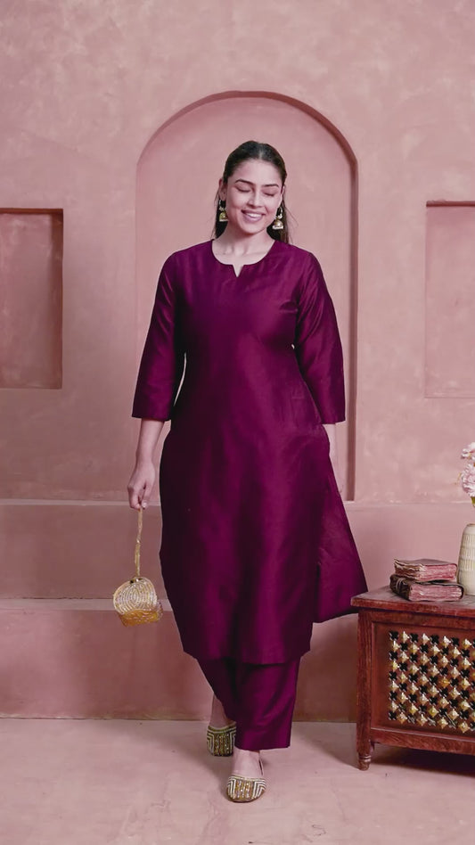 Blended Silk Solid Straight Wine Kurta