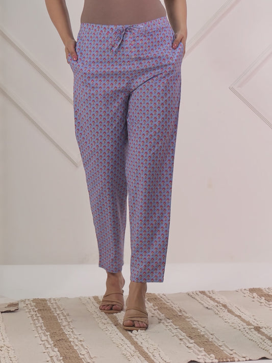 Soft Cotton Floral Blue Tapered Trousers