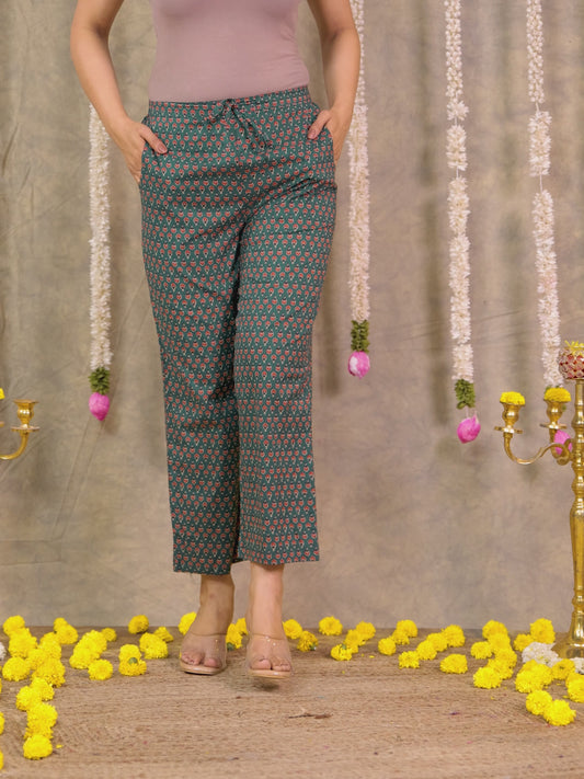 Soft Cotton Floral Green Straight Trousers