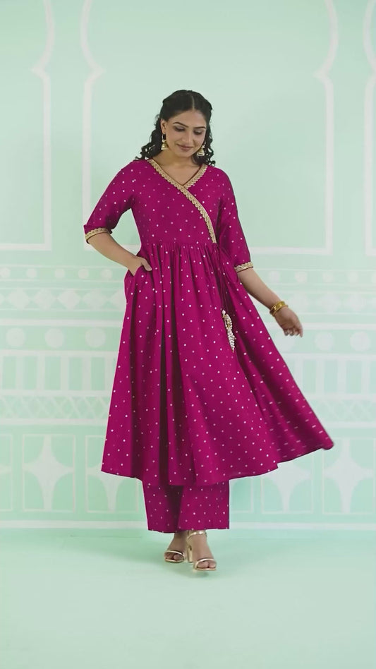 Chanderi Gold foil Angrakha Pink Kurta