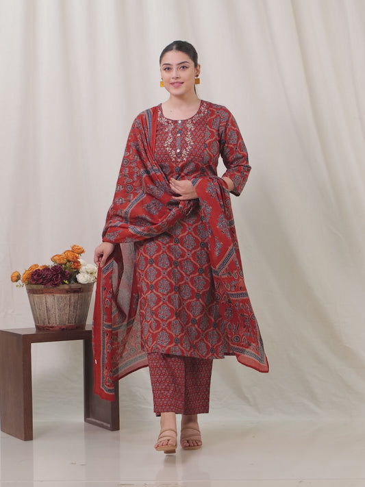 Embroidered Soft Cotton Geometric Straight Rust Kurta