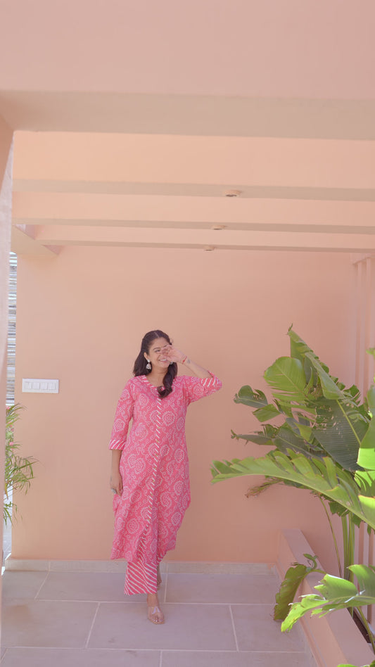 Embroidered Soft Cotton Bandhani Pink Kurta