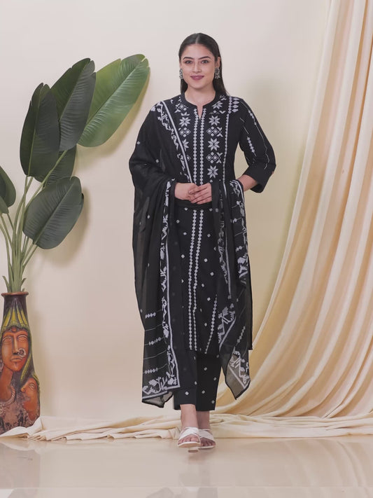 Soft Cotton Geometric Straight Black Kurta